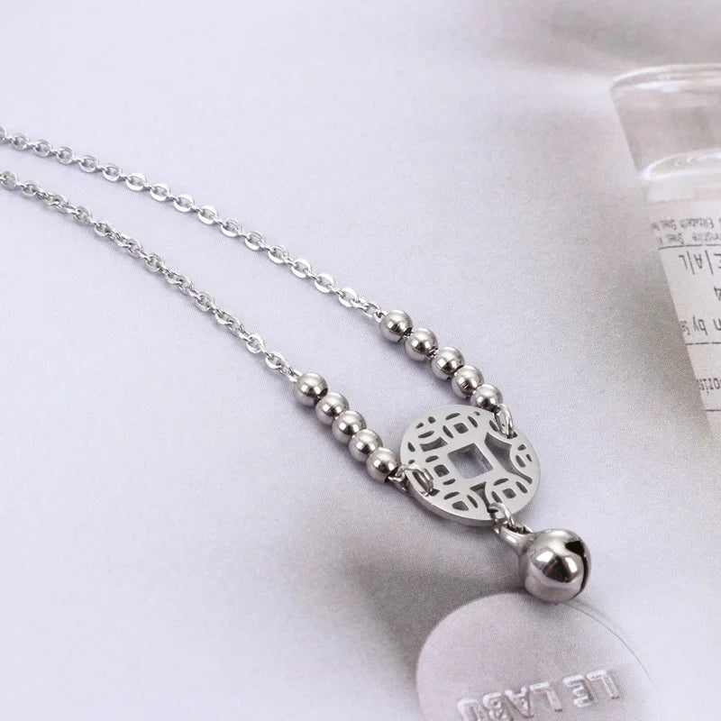 Chinese Ancient Coin Bells Anklet Bracelet Stainless Steel Jewelry