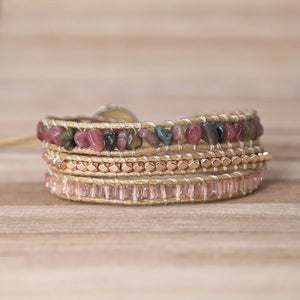 Tourmaline Leather Bracelet Mix Stones 3 Layers Wrap Bracelet Boho Jewelry