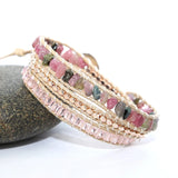 Tourmaline Leather Bracelet Mix Stones 3 Layers Wrap Bracelet Boho Jewelry