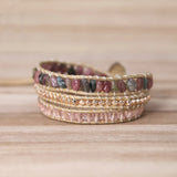 Tourmaline Leather Bracelet Mix Stones 3 Layers Wrap Bracelet Boho Jewelry
