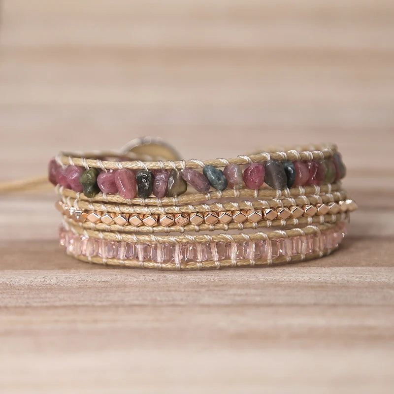 Tourmaline Leather Bracelet Mix Stones 3 Layers Wrap Bracelet Boho Jewelry