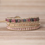 Tourmaline Leather Bracelet Mix Stones 3 Layers Wrap Bracelet Boho Jewelry