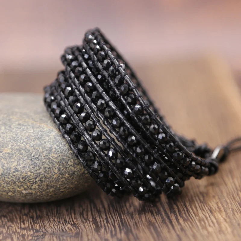 Vintage Leather Wrap Bracelet Mixed Crystal Braid