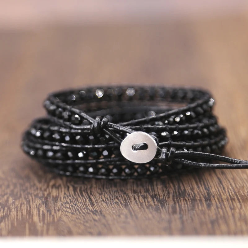 Vintage Leather Wrap Bracelet Mixed Crystal Braid