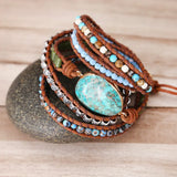 Punk Leather Wrap Bracelet with Natural Stones