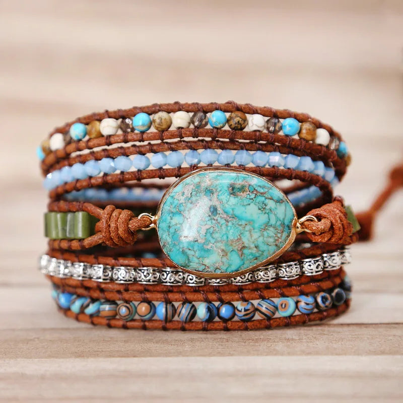 Punk Leather Wrap Bracelet with Natural Stones