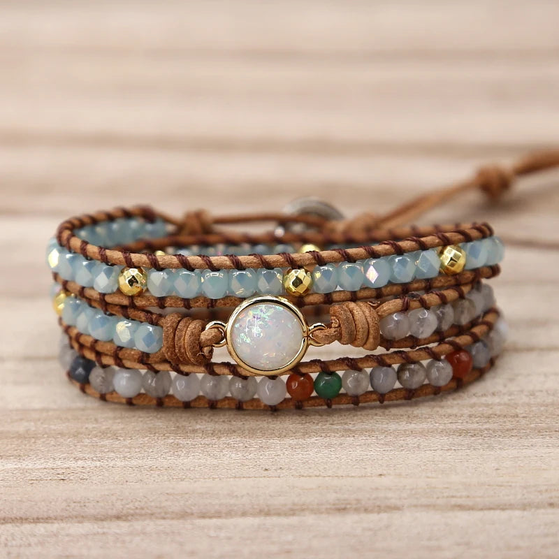 Opal Stone Rhinestone Leather Wrap Bracelet