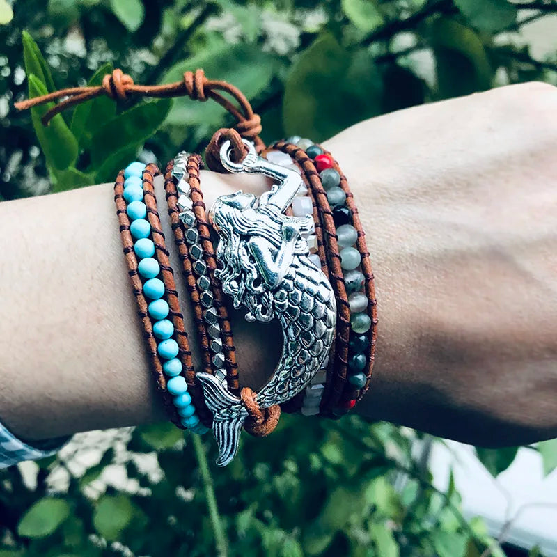 Women Leather Bracelet Mermaid Charm 5 Strands Wrap Boho Bracelet