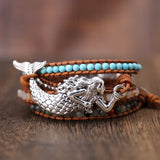 Women Leather Bracelet Mermaid Charm 5 Strands Wrap Boho Bracelet