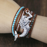 Women Leather Bracelet Mermaid Charm 5 Strands Wrap Boho Bracelet