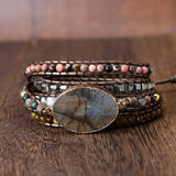 Vintage Labradorite Wrap Bracelet Boho 5 Strands Mixed Stones Beads Leather