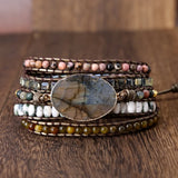 Vintage Labradorite Wrap Bracelet Boho 5 Strands Mixed Stones Beads Leather