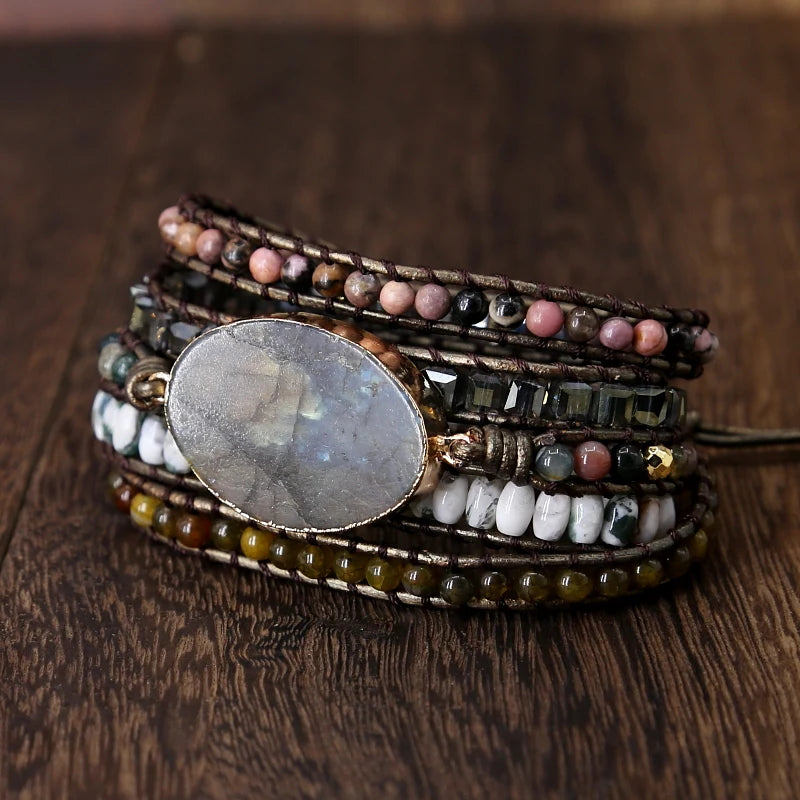 Vintage Labradorite Wrap Bracelet Boho 5 Strands Mixed Stones Beads Leather