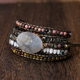 Vintage Labradorite Wrap Bracelet Boho 5 Strands Mixed Stones Beads Leather