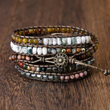 Vintage Labradorite Wrap Bracelet Boho 5 Strands Mixed Stones Beads Leather