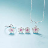 925 Sterling Silver Pink Crystal Cherry Blossoms Bridal Jewelry Set