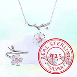 925 Sterling Silver Pink Crystal Cherry Blossoms Bridal Jewelry Set