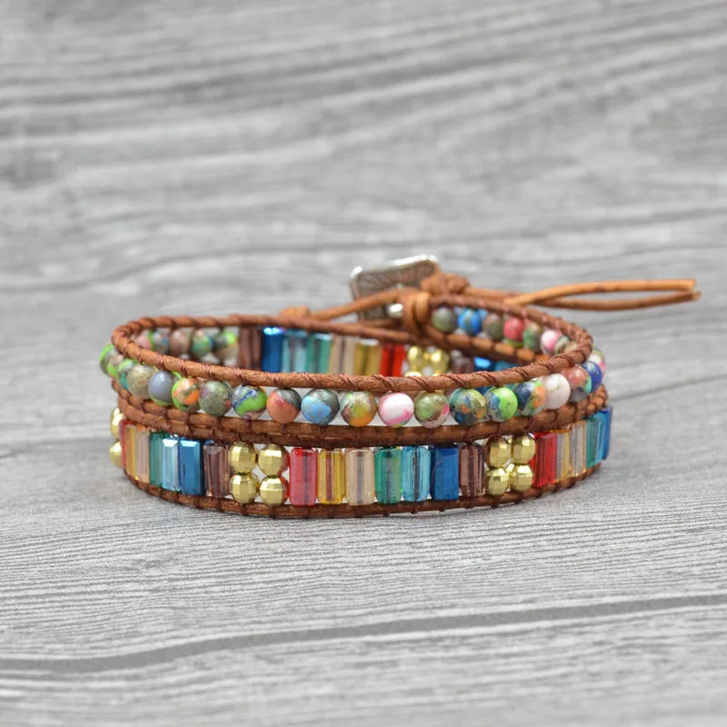 Natural Stones Rhinestone Leather Wrap Bracelet Fancy Femme Bracelets