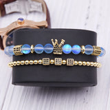 Labradorite Beads Bracelet with CZ Crown for Women Men