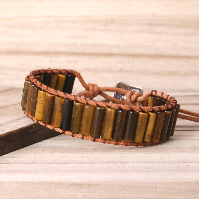 Tiger Eye Natural Stone Beads Leather Wrap Bracelet