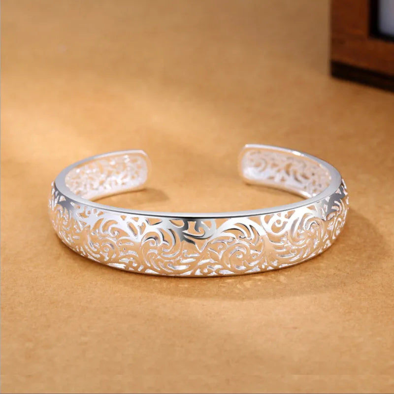 925 Sterling Sliver Ethnic Hollow Flowers Bangles for Women