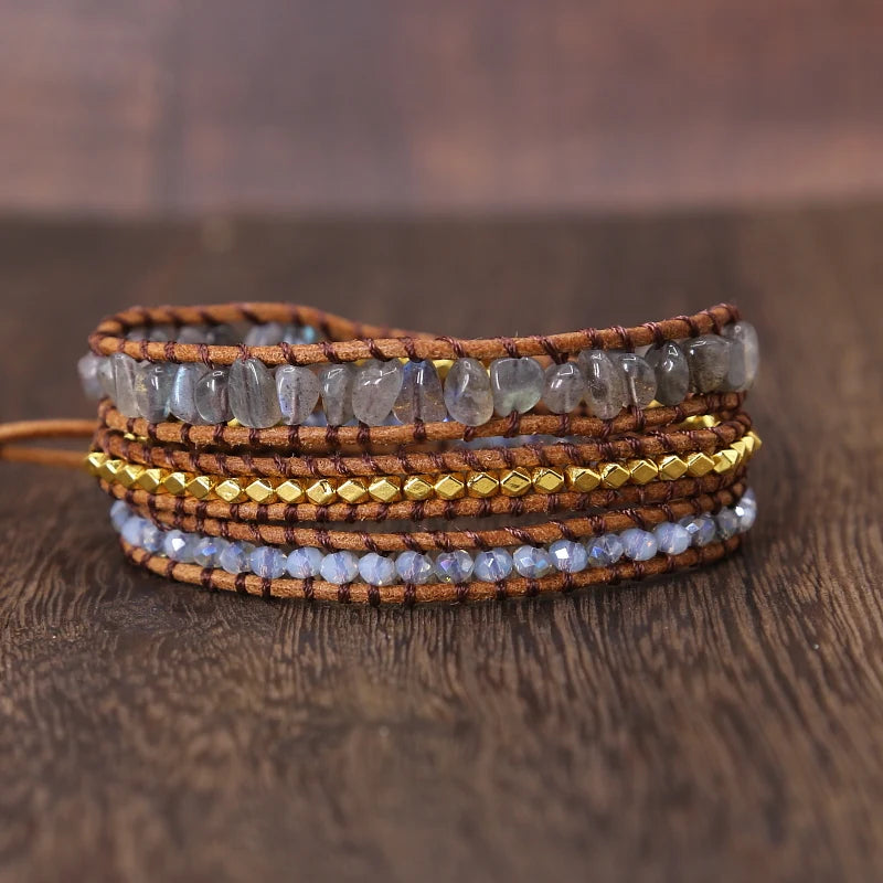 Labradorite Leather Wrap Bracelet with Mix Stones Beads - Boho Jewelry