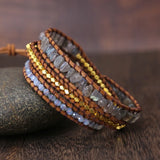 Labradorite Leather Wrap Bracelet with Mix Stones Beads - Boho Jewelry