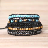 Women Boho Bracelet Natural Stone 5X Leather Wrap Beaded Jewelry