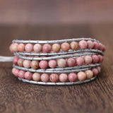 Pink Natural Stones Charm 3 Strands Wrap Bracelets Boho Women Leather Bracelet