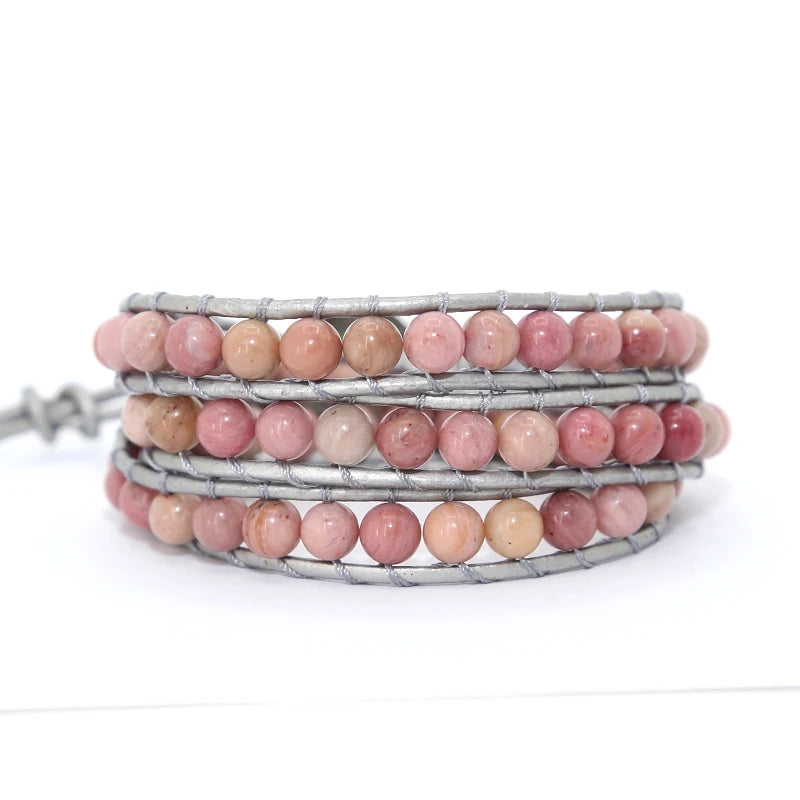 Pink Natural Stones Charm 3 Strands Wrap Bracelets Boho Women Leather Bracelet