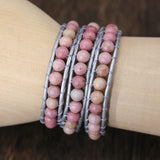 Pink Natural Stones Charm 3 Strands Wrap Bracelets Boho Women Leather Bracelet