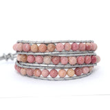 Pink Natural Stones Charm 3 Strands Wrap Bracelets Boho Women Leather Bracelet