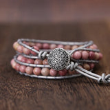 Pink Natural Stones Charm 3 Strands Wrap Bracelets Boho Women Leather Bracelet