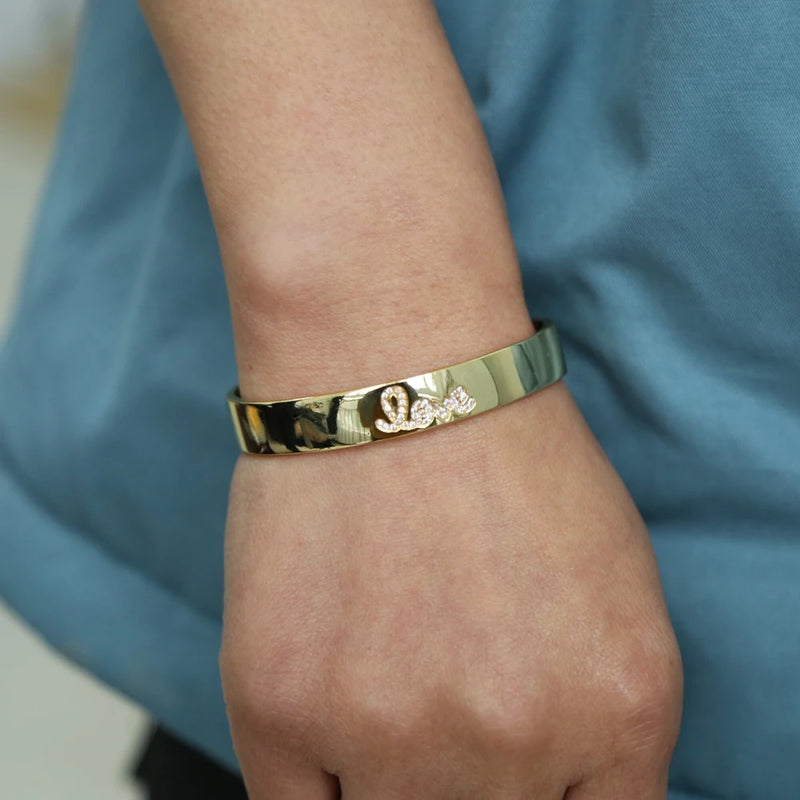 Valentines Engraved CZ Love Letter Cuff Bangle Bracelet