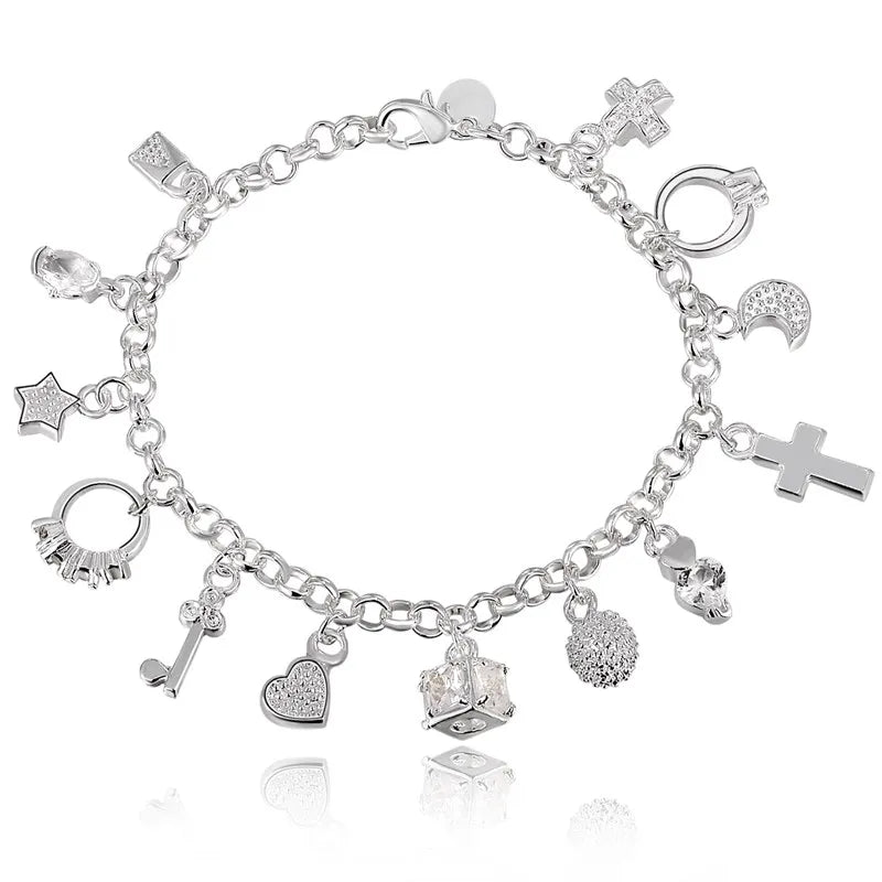 925 Silver Charms Bracelet Bangle with Zircon Women's Jewelry