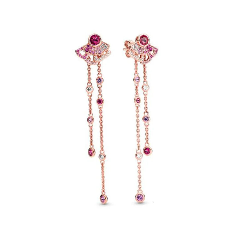 Autumn 925 Silver Pink Pave Earrings Rose Fan Tassel Studs