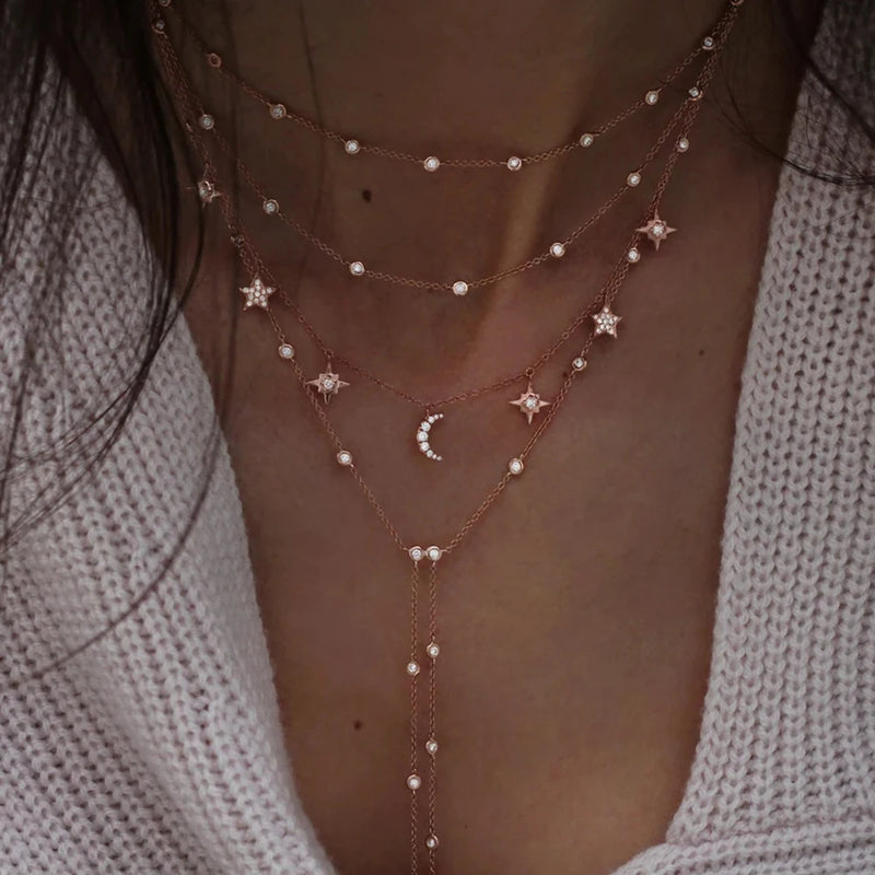 Boho Vintage Star Moon Lock Necklace Women Crystal Pendants Chokers Jewelry