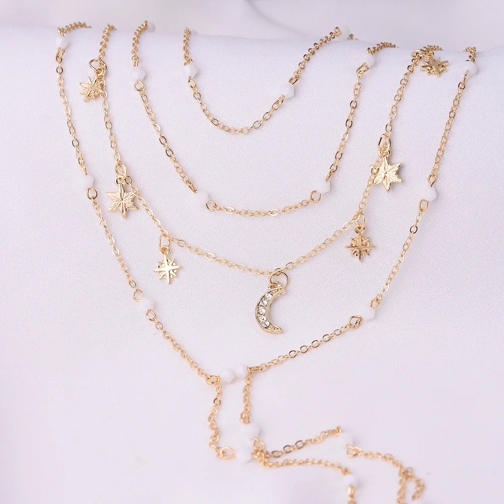 Boho Vintage Star Moon Lock Necklace Women Crystal Pendants Chokers Jewelry
