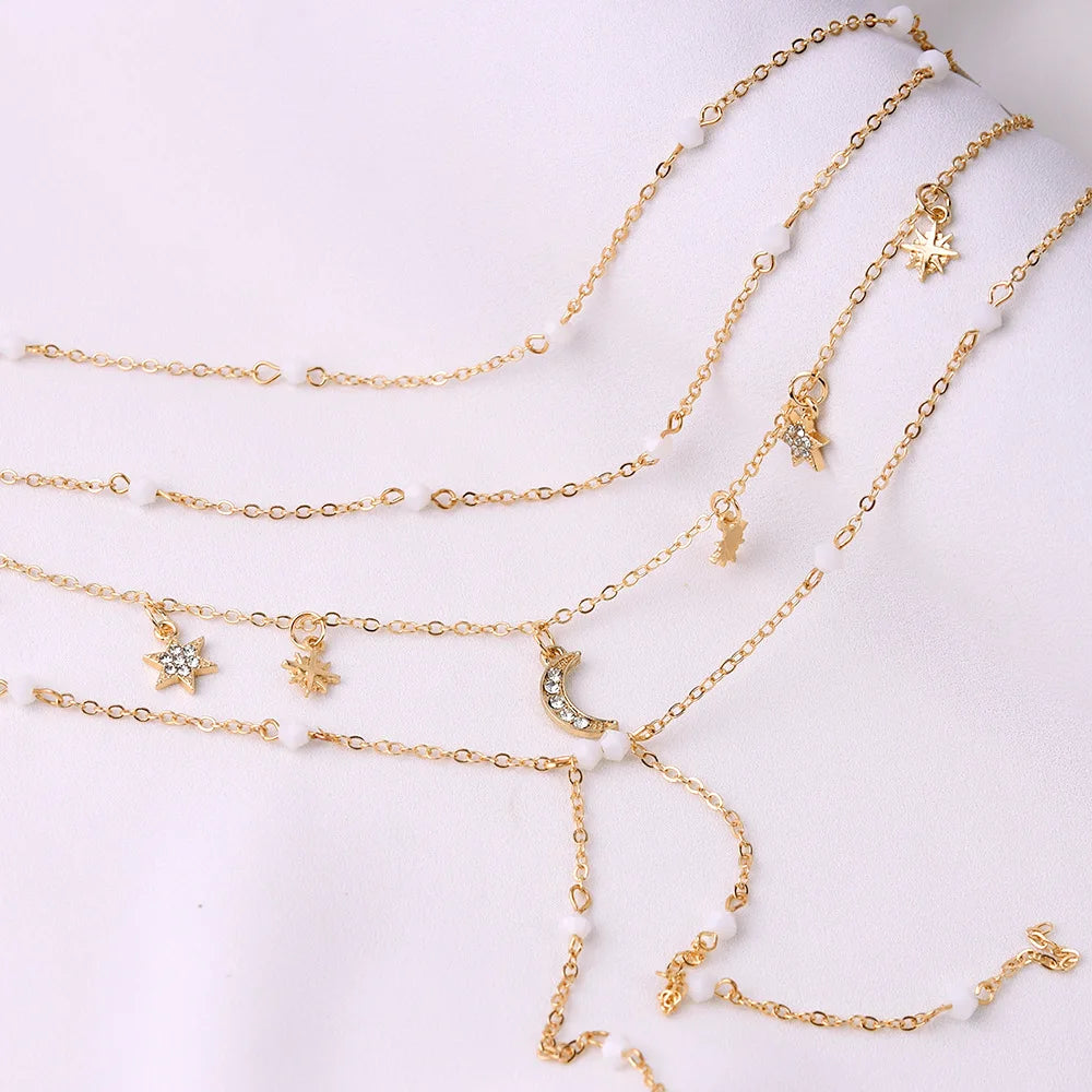 Boho Vintage Star Moon Lock Necklace Women Crystal Pendants Chokers Jewelry