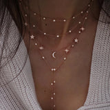 Boho Vintage Star Moon Lock Necklace Women Crystal Pendants Chokers Jewelry