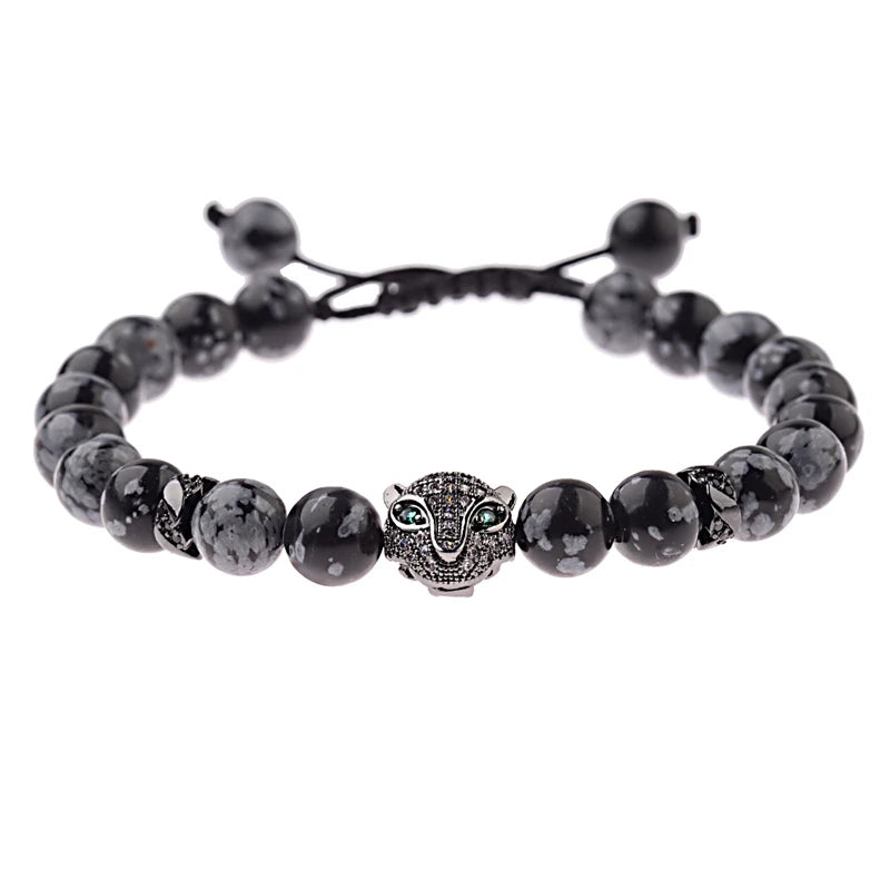 Leopard Head Men Bracelet 8MM Stone Charm Men Jewelry Gift
