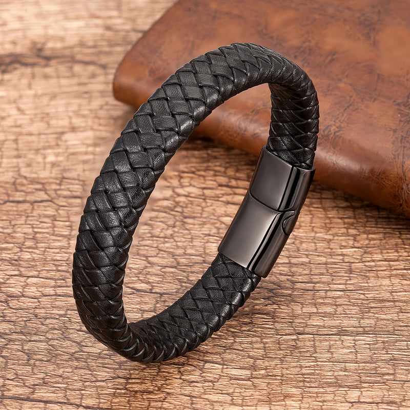 Braided Leather Bracelet with Steel Clasp