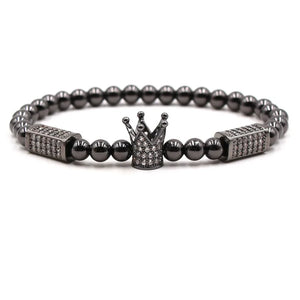 6mm Hematite Bead Bracelet with CZ Crown Charm for Men & Women