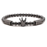 6mm Hematite Bead Bracelet with CZ Crown Charm for Men & Women