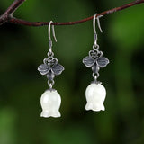 Thai Silver Lily of the Valley Earrings with Jade Tulip Flowers