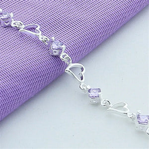 925 Silver Purple Crystal Heart Bracelet for Women Love Gift