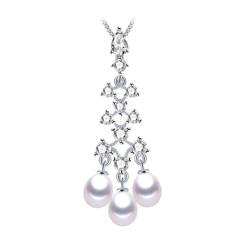 Freshwater Pearl Pendant Necklace 925 Sterling Silver Zircon Crystal Jewelry