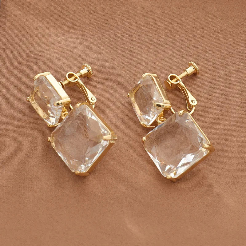 Square Crystal Clip-on Earrings for Parties