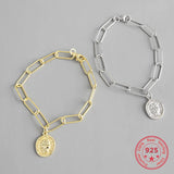 925 Link Chain Bracelet with Portrait Coin Pendant for Women