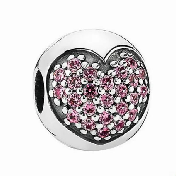 925 Silver Pink Crystal Heart Beads for DIY Jewelry Making